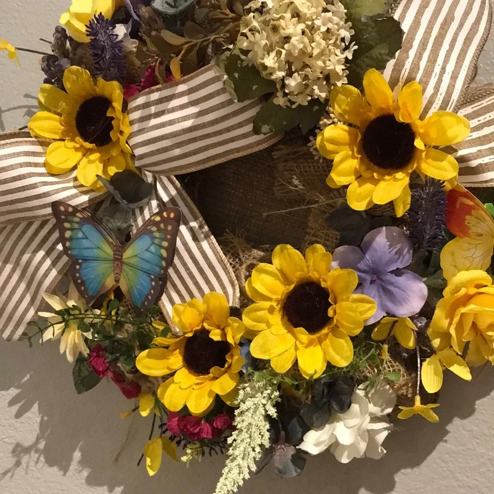 Autumn Sunflower Wreath Adorable 2 Small Butterflies Small Sized FINAL SALE